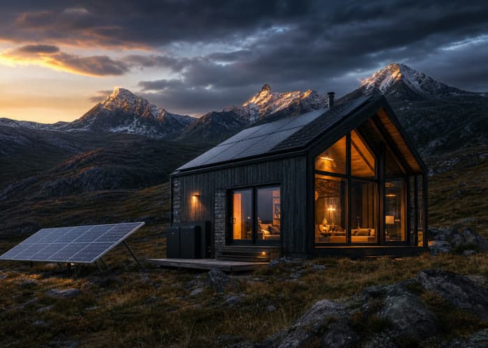 Off-Grid Cabin — Energieopslag & Klimaat