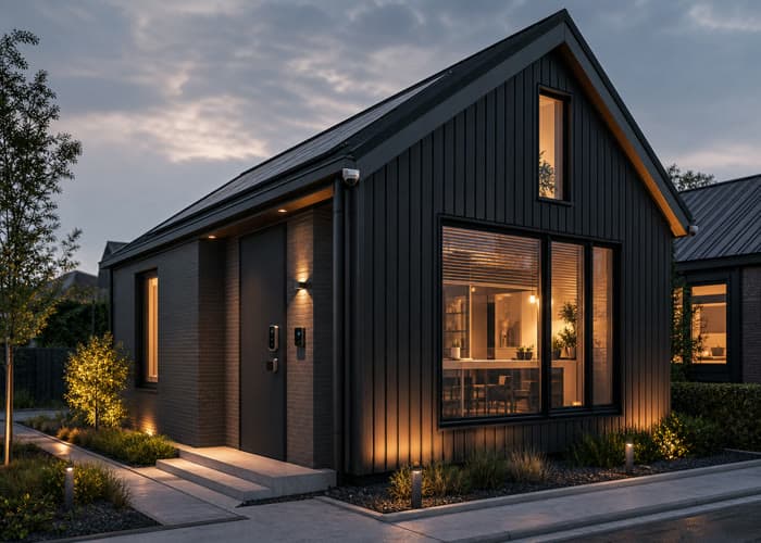 Compacte moderne woning met warm interieurlicht